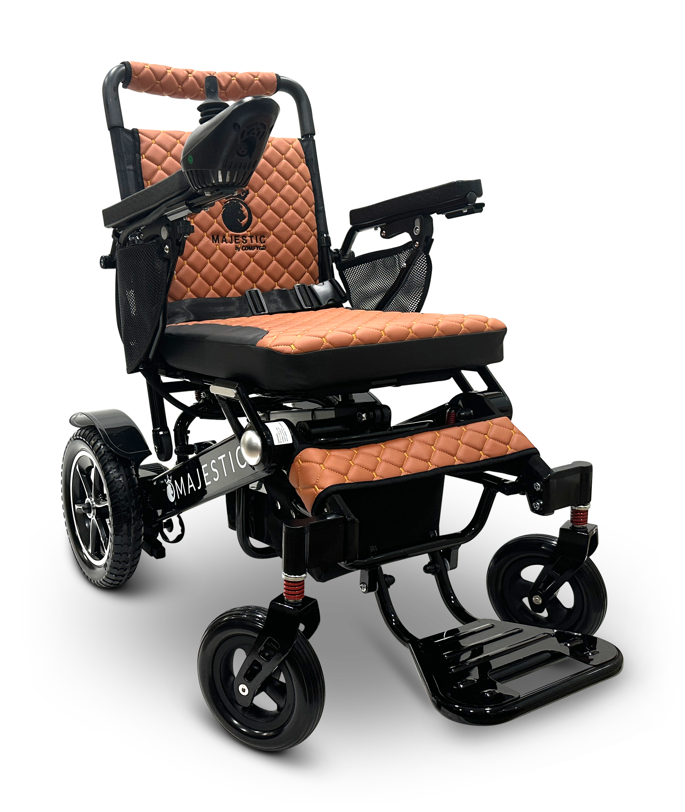 Introducing the MAJESTIC IQ-7000 Remote Controlled Electric Wheelchair, featuring a sleek, modern design with a lightweight black frame and elegant brown quilted upholstery. It boasts large rear wheels, smaller front wheels, comfortable armrests, and an intelligent joystick for effortless navigation. The word "Majestic" is prominently displayed on the front frame.